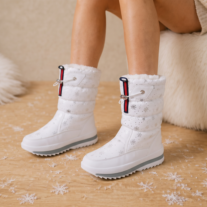 Women's Snowflake Print Plush-Lined Winter Boots - White