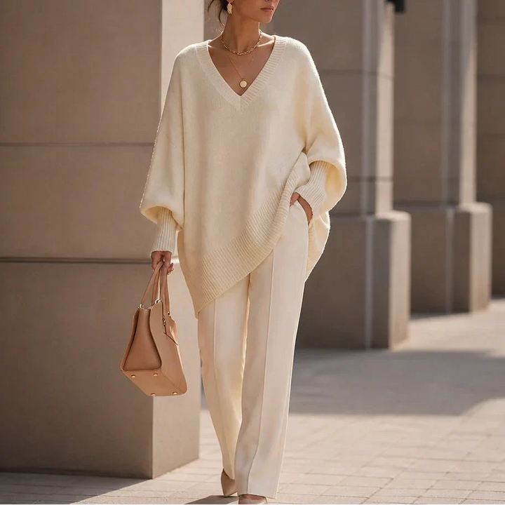Women's Oversized V-Neck Knit Jumper - Cream