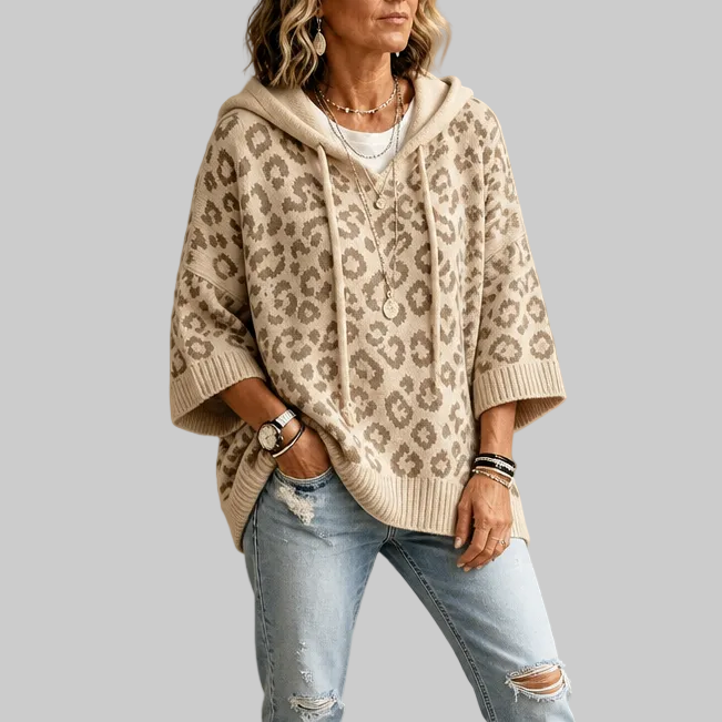 Oversized Leopard-Print Hooded Knit Jumper