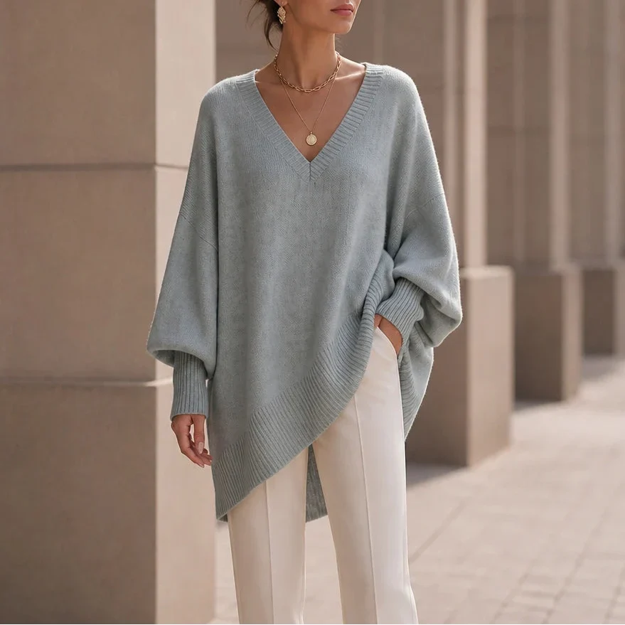 Women's Oversized V-Neck Knit Jumper - Light gray