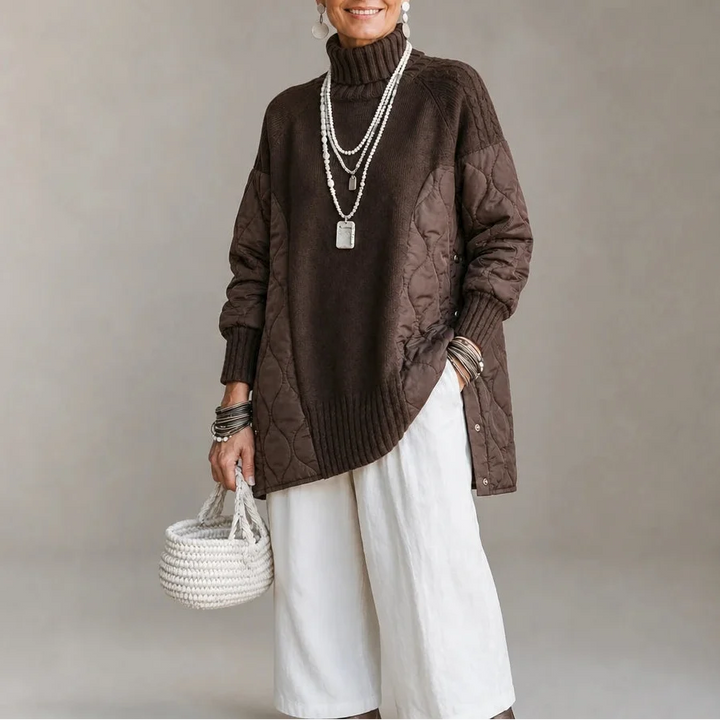 Women's Quilted Panel Knit Turtleneck Jumper - Coffee