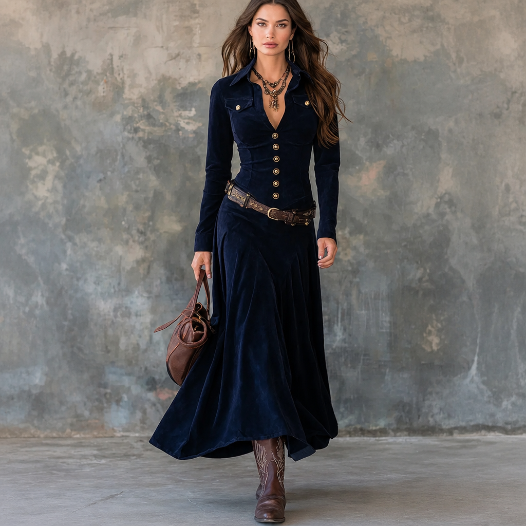 Women's Velvet-Look Button-Front A-Line Maxi Dress - Navy Blue