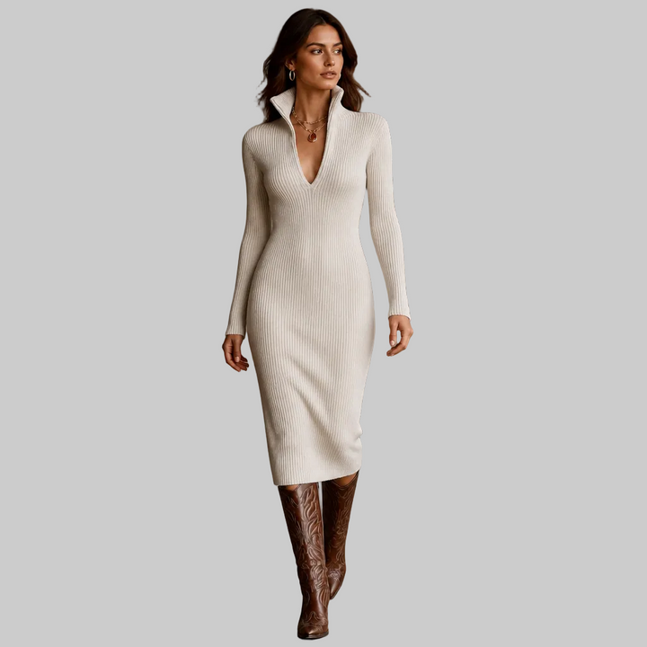 Women's Ribbed Knit Belted Midi Dress with V-Neck and High Collar
