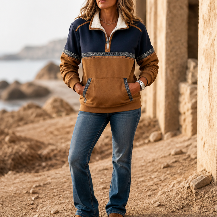 Women's Sherpa Collar Colour-Block Half-Zip Pullover - Navy/Brown