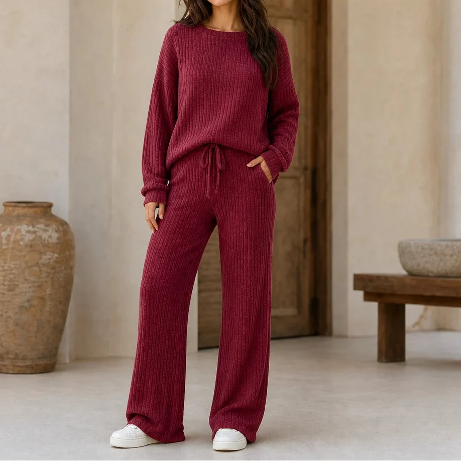 Women's Ribbed Knit Drop-Shoulder Jumper and Wide-Leg Trouser Set - Burgundy