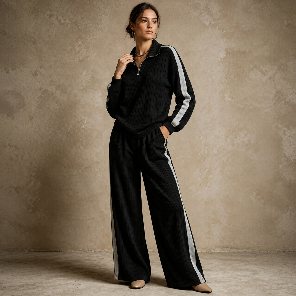 Women's Ribbed Half-Zip Wide-Leg Lounge Set - Black
