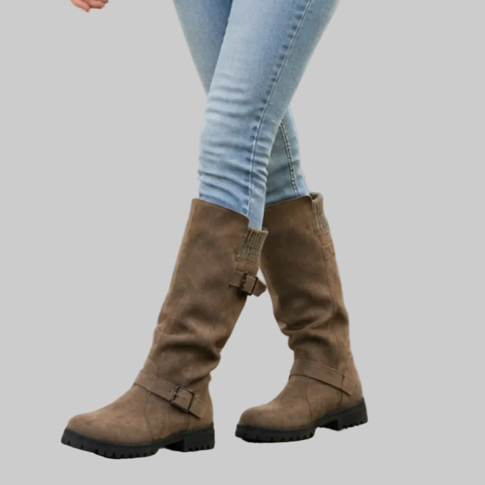 Slouch Mid-Calf Boots with Ribbed Knit Cuff and Treaded Sole