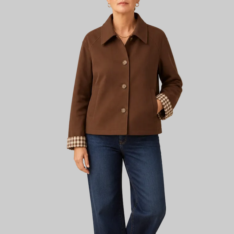 Women's Short Button-Front Coat with Raglan Sleeves and Checked Cuffs
