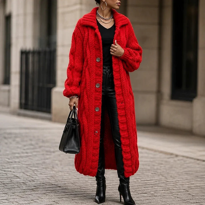 Women's Oversized Cable-Knit Longline Cardigan - Red