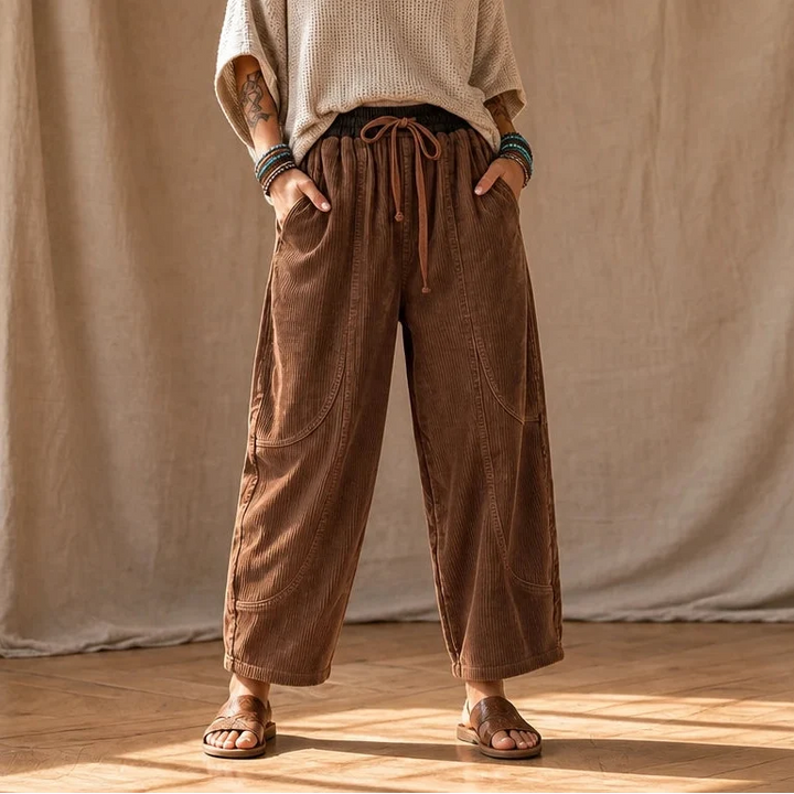 Women's Ribbed Corduroy-Look Lantern Trousers - Brown