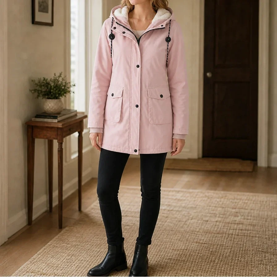 Women's Long Hooded Lined Parka Coat - Pink