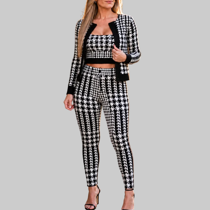 Women's Three-Piece Knitted Co-ord Set with Cardigan, Bandeau Top and Trousers