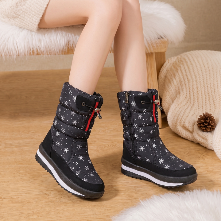 Women's Snowflake Print Plush-Lined Winter Boots - Black