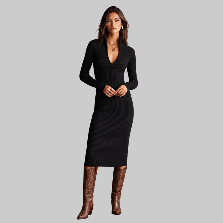 Women's Ribbed Knit Belted Midi Dress with V-Neck and High Collar