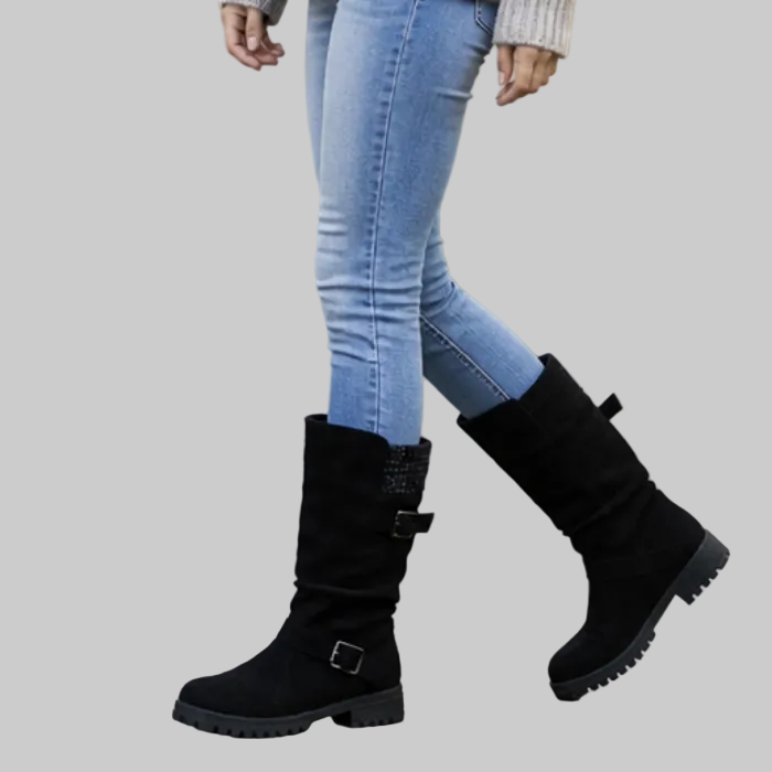 Slouch Mid-Calf Boots with Ribbed Knit Cuff and Treaded Sole