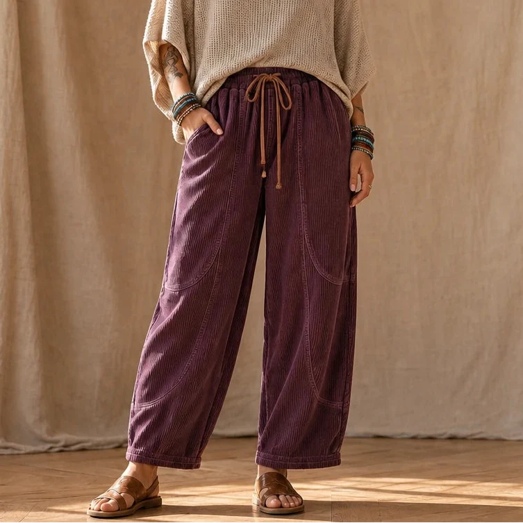 Women's Ribbed Corduroy-Look Lantern Trousers - Purple