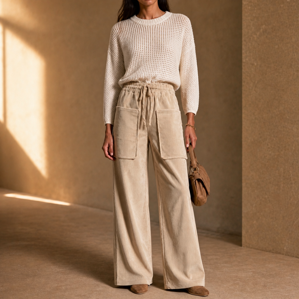 Women's Ribbed Corduroy Wide-Leg Trousers - Beige