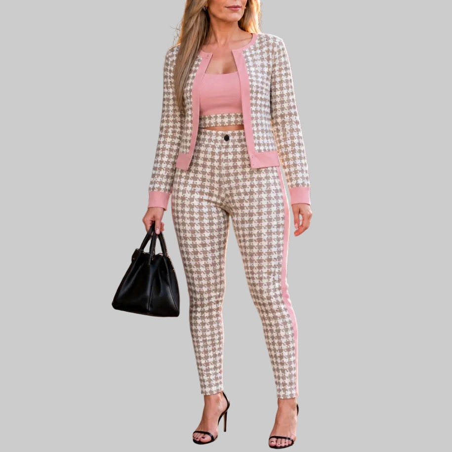 Women's Three-Piece Knitted Co-ord Set with Cardigan, Bandeau Top and Trousers