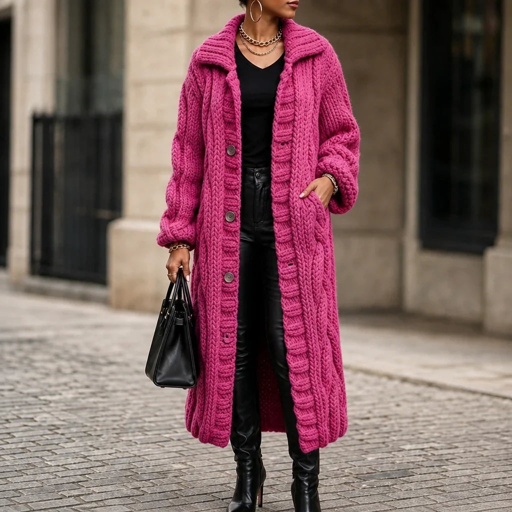 Women's Oversized Cable-Knit Longline Cardigan - RoseRed