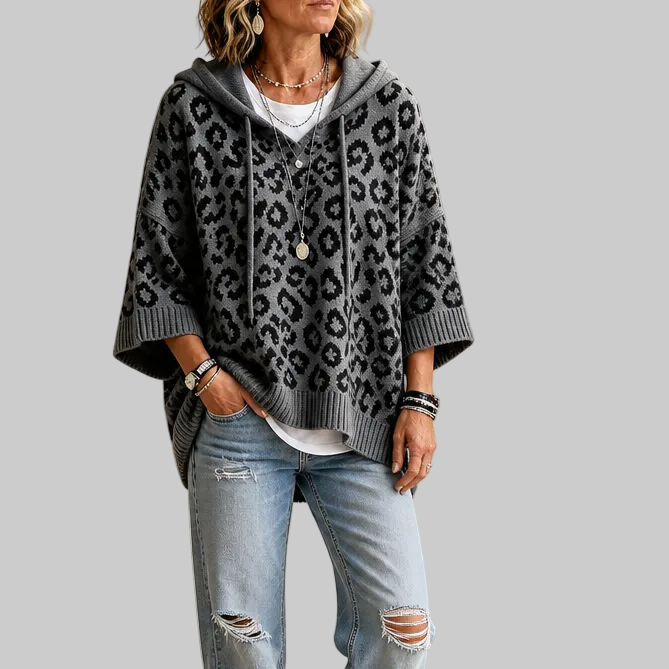 Oversized Leopard-Print Hooded Knit Jumper
