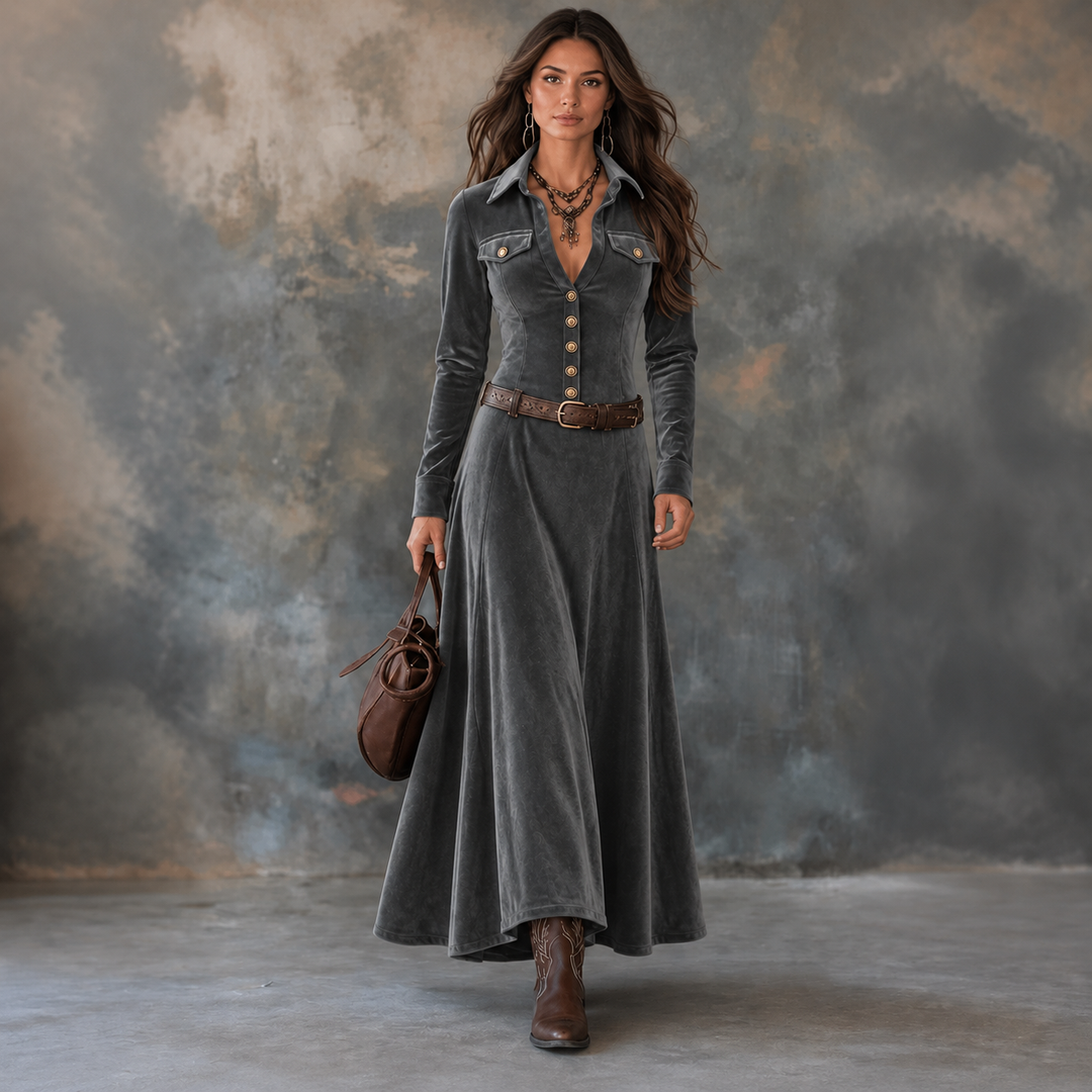 Women's Velvet-Look Button-Front A-Line Maxi Dress - Gray