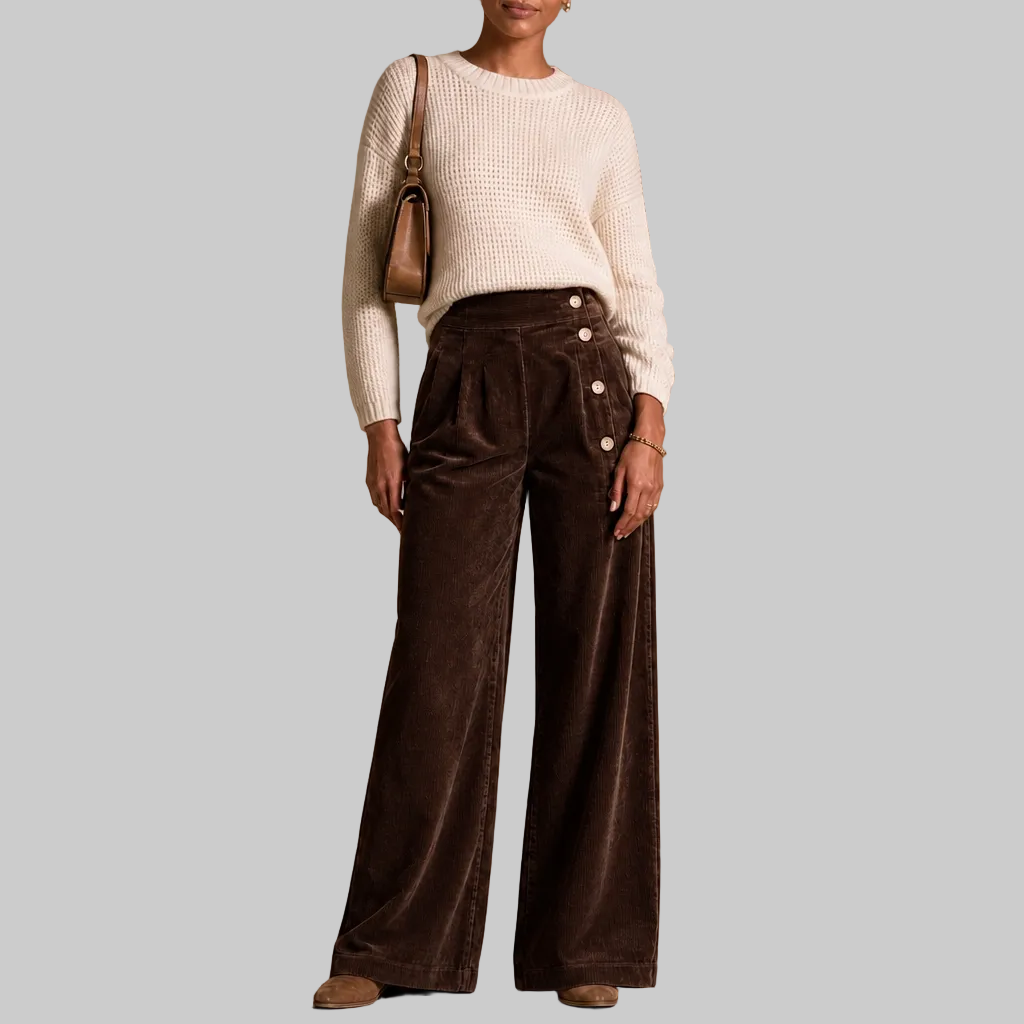Women's Corduroy Asymmetrical Button-Front Pleated Wide-Leg Trousers