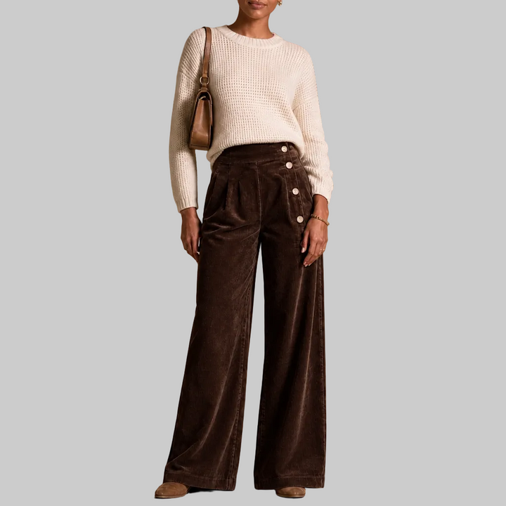 Women's Corduroy Asymmetrical Button-Front Pleated Wide-Leg Trousers