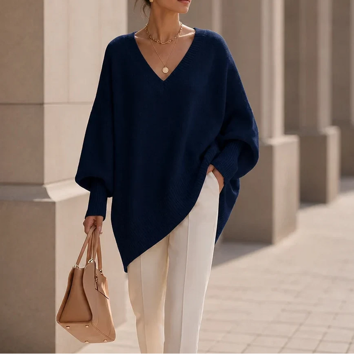 Women's Oversized V-Neck Knit Jumper - Navy Blue