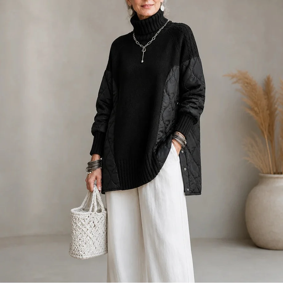 Women's Quilted Panel Knit Turtleneck Jumper - Black