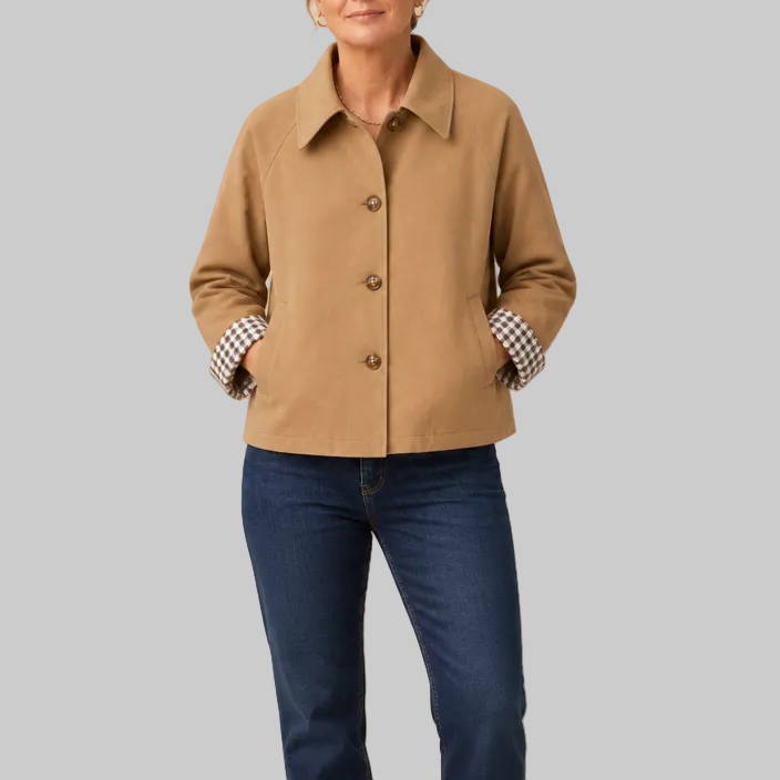 Women's Short Button-Front Coat with Raglan Sleeves and Checked Cuffs