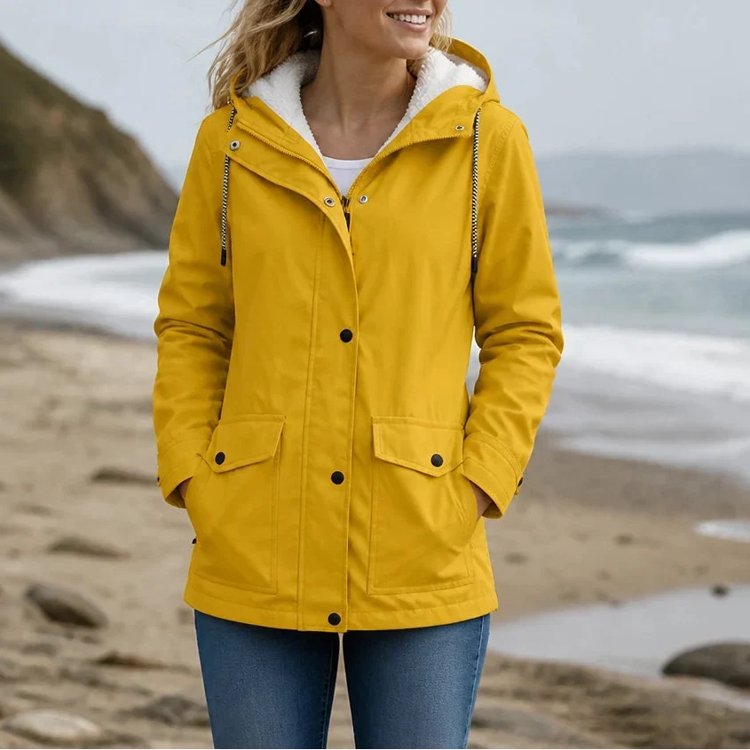 Women's Fleece-Lined Hooded Winter Jacket - Yellow