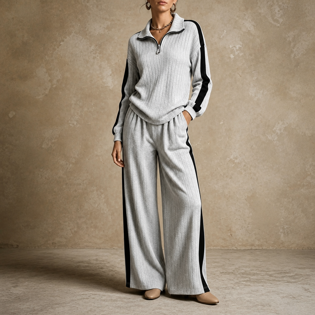Women's Ribbed Half-Zip Wide-Leg Lounge Set - Grey