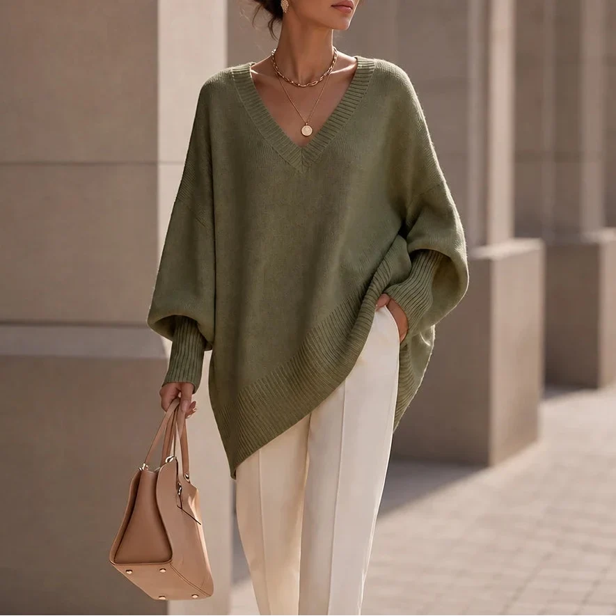 Women's Oversized V-Neck Knit Jumper - Green
