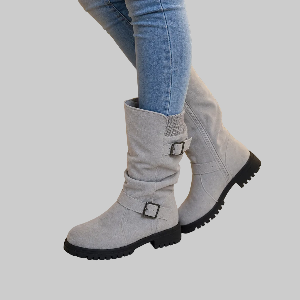 Slouch Mid-Calf Boots with Ribbed Knit Cuff and Treaded Sole