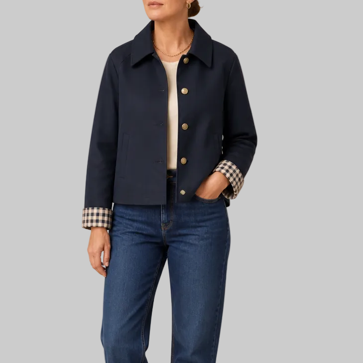 Women's Short Button-Front Coat with Raglan Sleeves and Checked Cuffs
