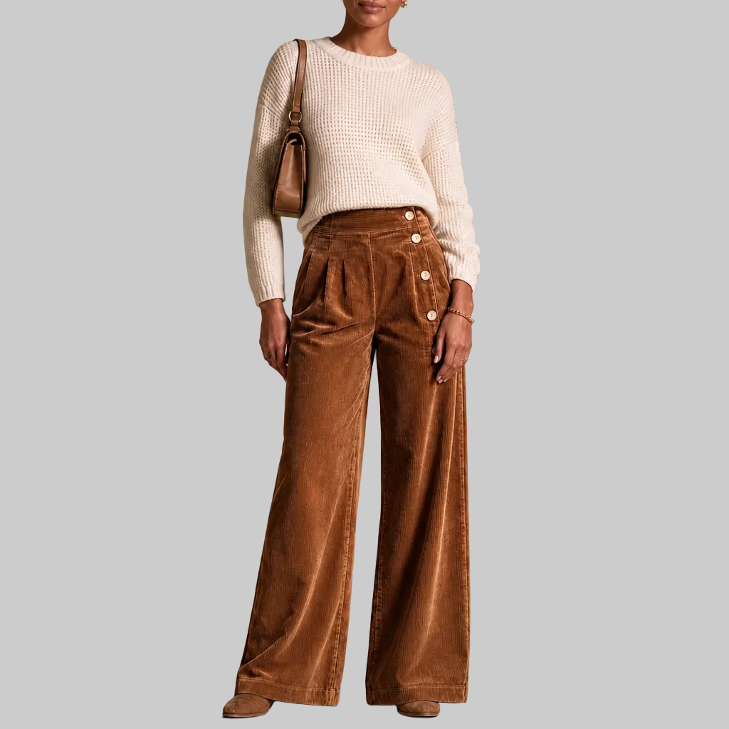 Women's Corduroy Asymmetrical Button-Front Pleated Wide-Leg Trousers