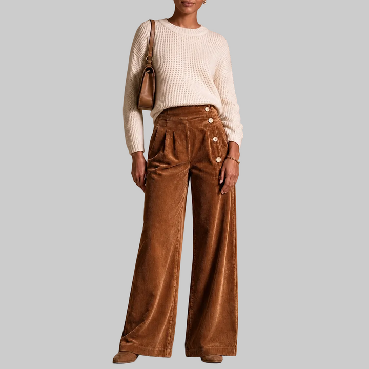 Women's Corduroy Asymmetrical Button-Front Pleated Wide-Leg Trousers