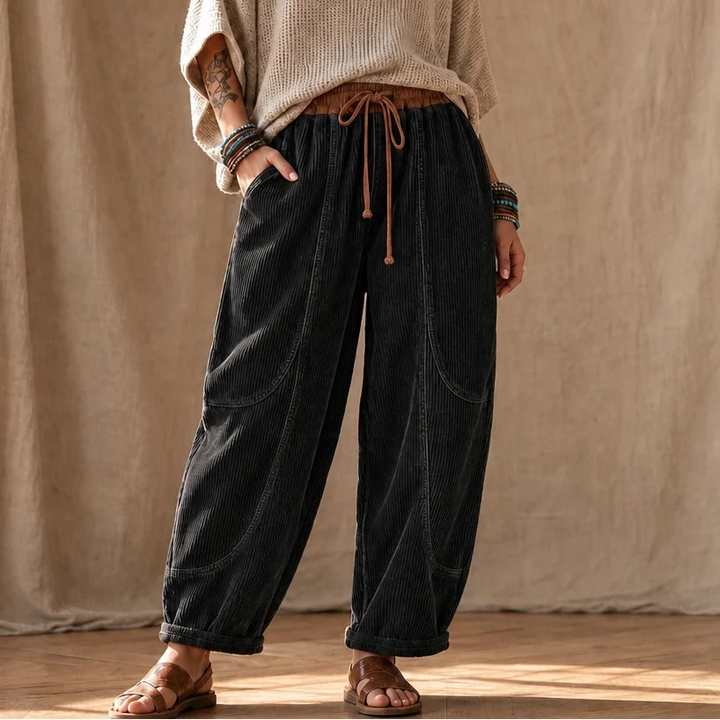 Women's Ribbed Corduroy-Look Lantern Trousers - Black