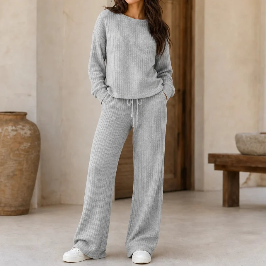 Women's Ribbed Knit Drop-Shoulder Jumper and Wide-Leg Trouser Set - Light Grey