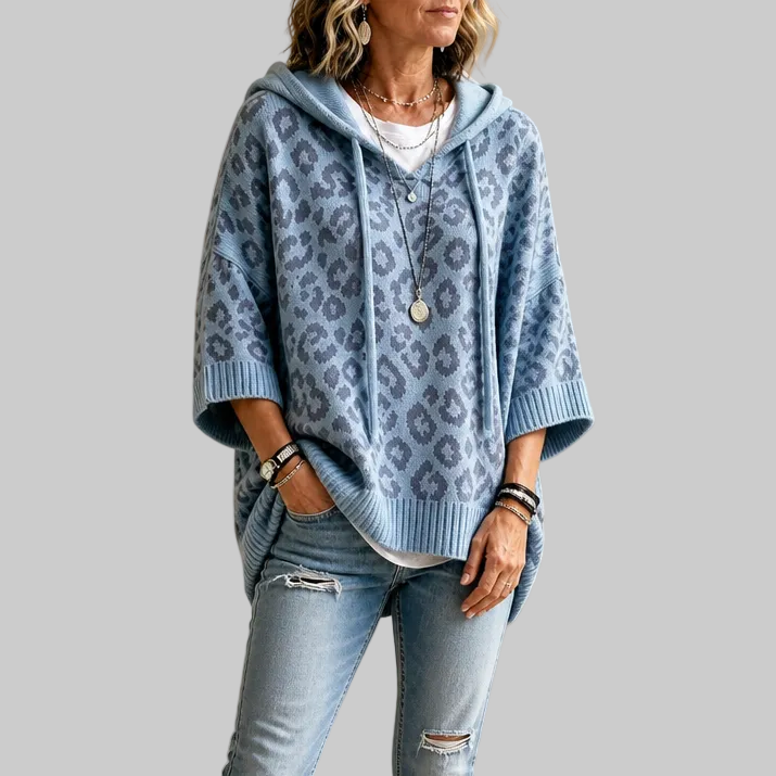 Oversized Leopard-Print Hooded Knit Jumper