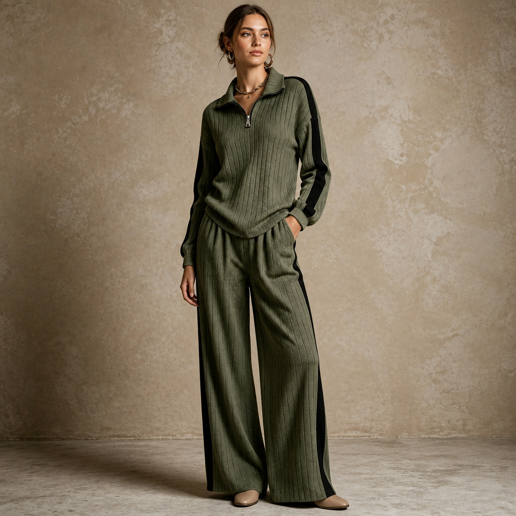 Women's Ribbed Half-Zip Wide-Leg Lounge Set - Khaki
