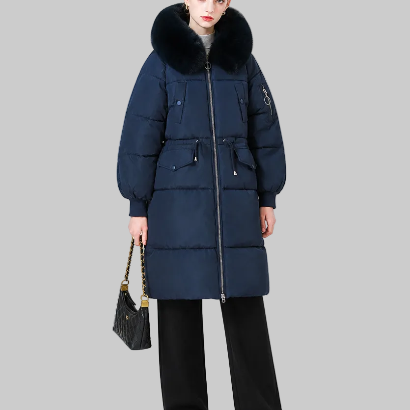 Women's Mid-Length Padded Winter Coat with Faux Fur-Style Hood Trim and Drawstring Waist
