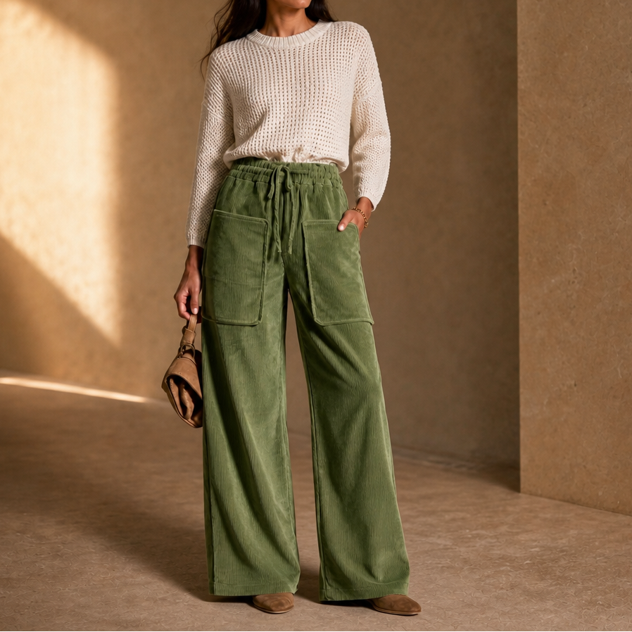 Women's Ribbed Corduroy Wide-Leg Trousers - Olive