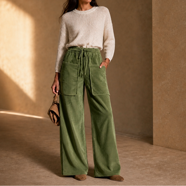 Women's Ribbed Corduroy Wide-Leg Trousers - Olive