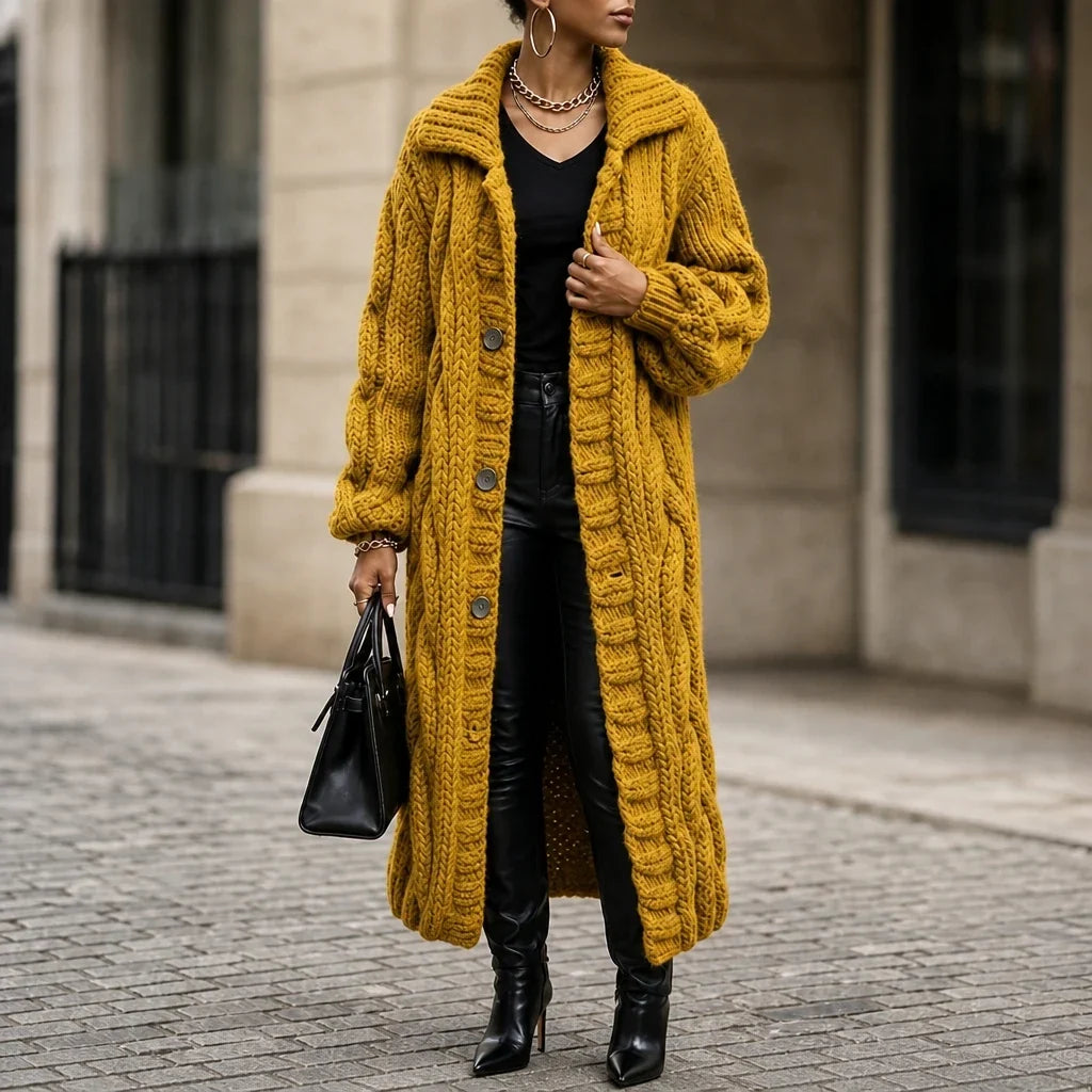 Women's Oversized Cable-Knit Longline Cardigan - Yellow