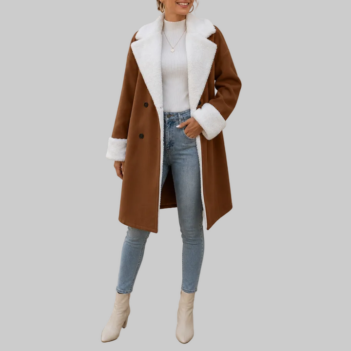 Women's Longline Polyester Coat with Plush Collar and Cuffs