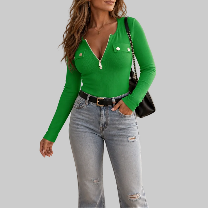 Ribbed Half-Zip Notched-Collar Knit Top