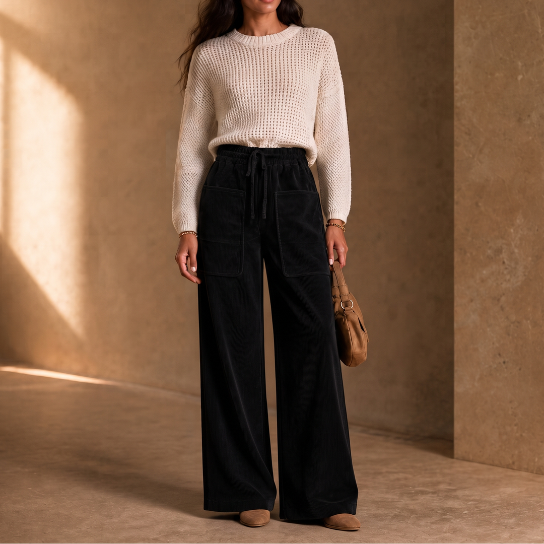 Women's Ribbed Corduroy Wide-Leg Trousers - Black