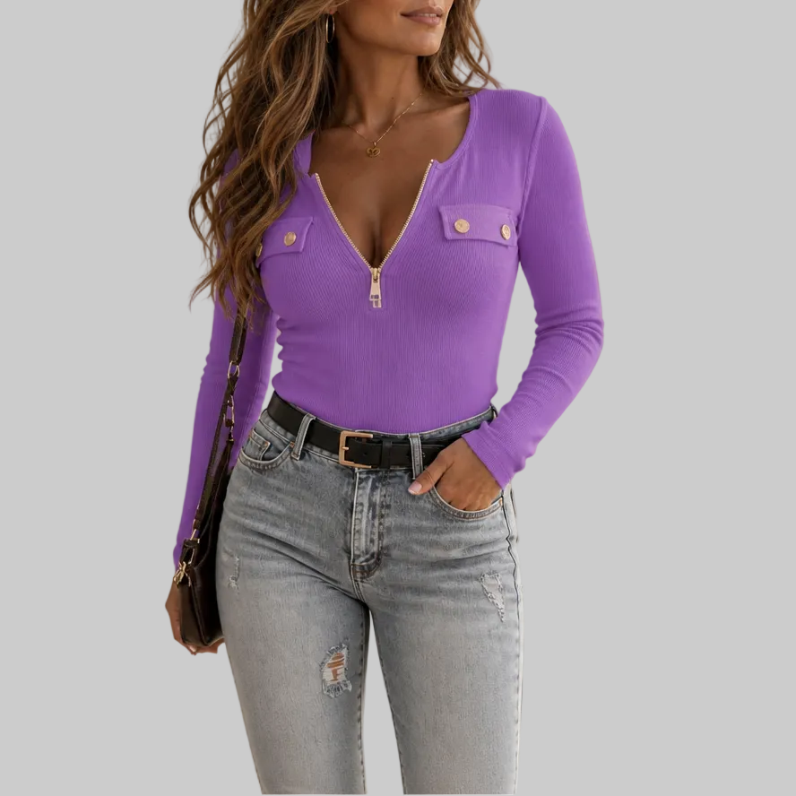 Ribbed Half-Zip Notched-Collar Knit Top