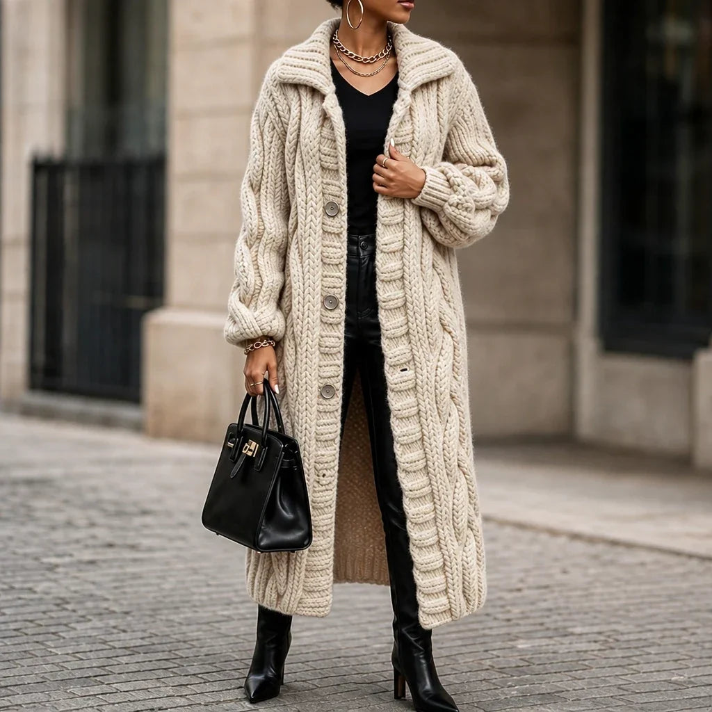 Women's Oversized Cable-Knit Longline Cardigan - Cream